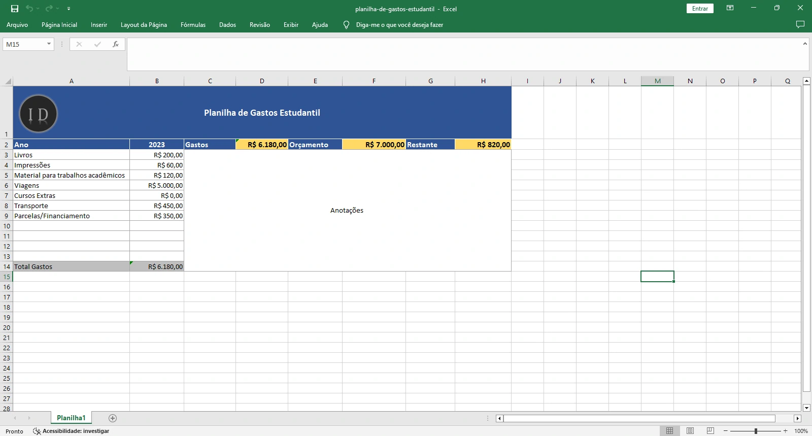 Planilha de Gastos Estudantis e Gestão Financeira