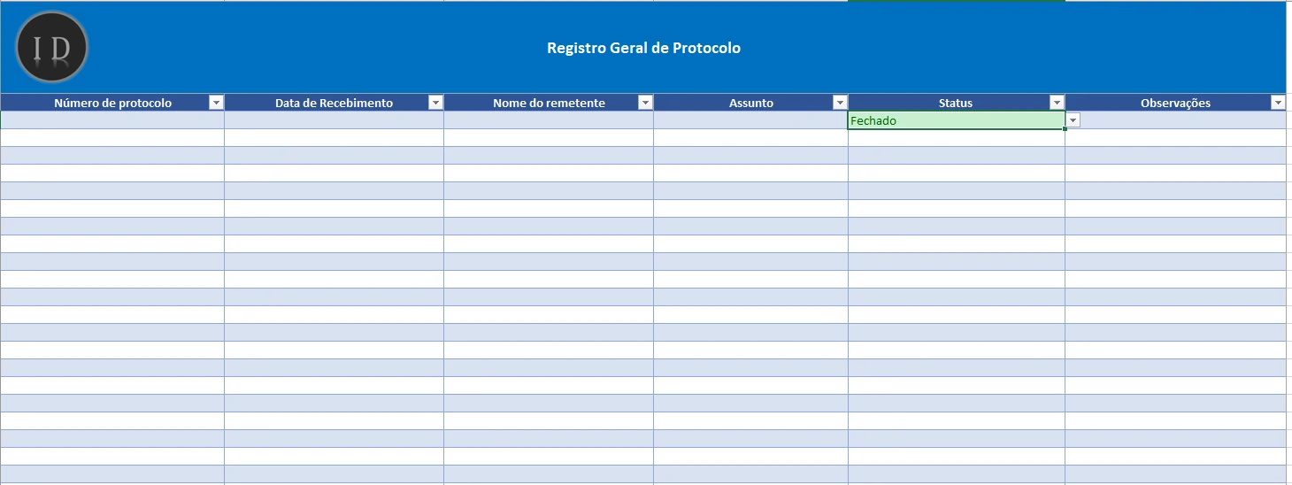 Planilha Registro Geral de Protocolo (Documentos)