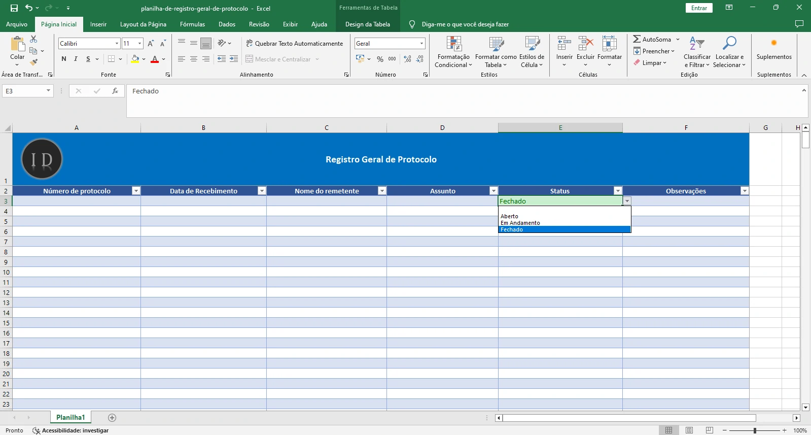 Planilha Registro Geral de Protocolo (Documentos)