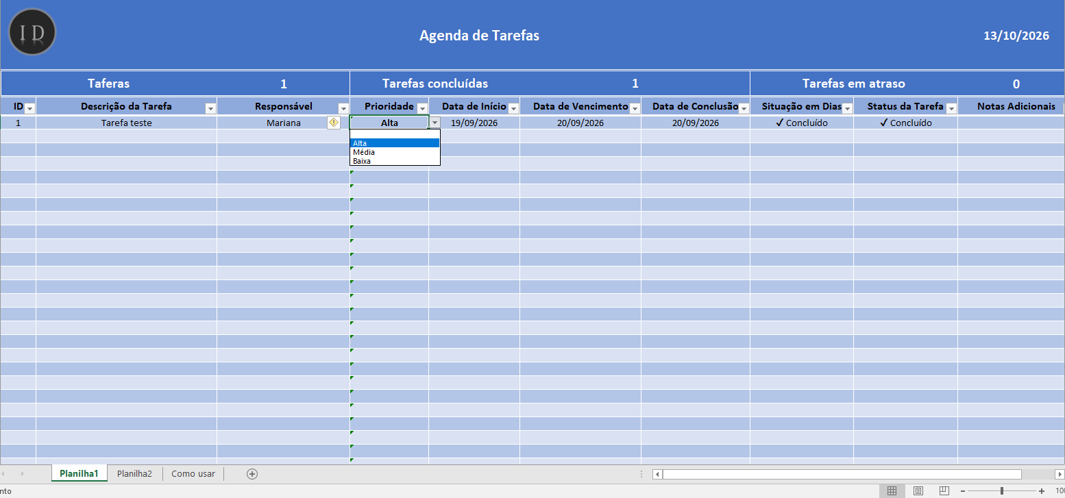 Planilha agenda de tarefas e atividades diarias 2