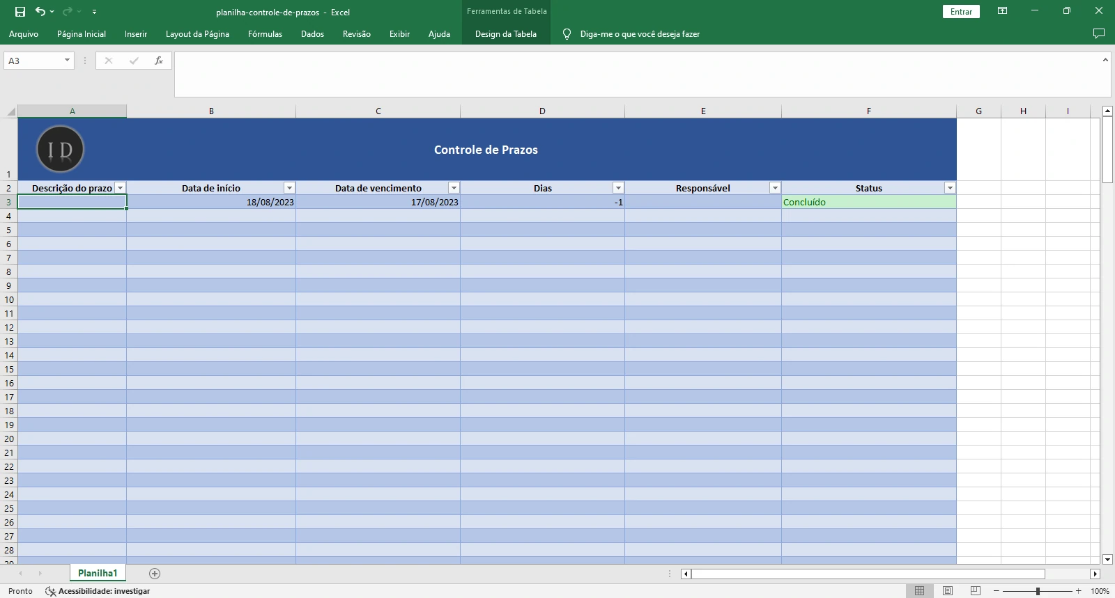 Planilha Controle de Prazos (Deadlines)  Gestão