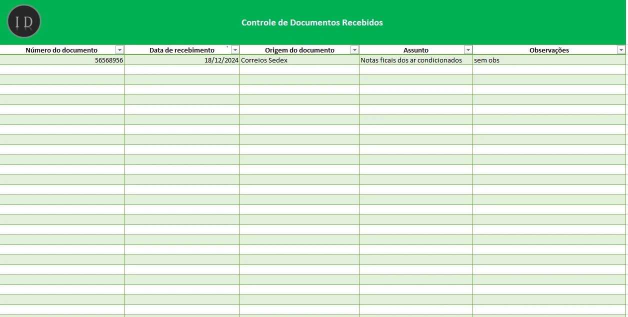 Planilha Controle de Documentos Recebidos  Excel