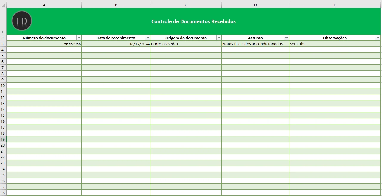 Planilha Controle de Documentos Recebidos  Excel