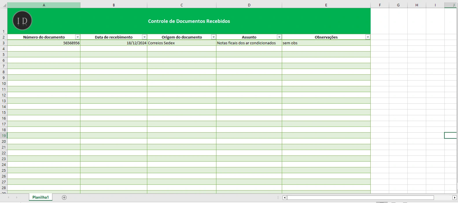 Planilha Controle de Documentos Recebidos  Excel