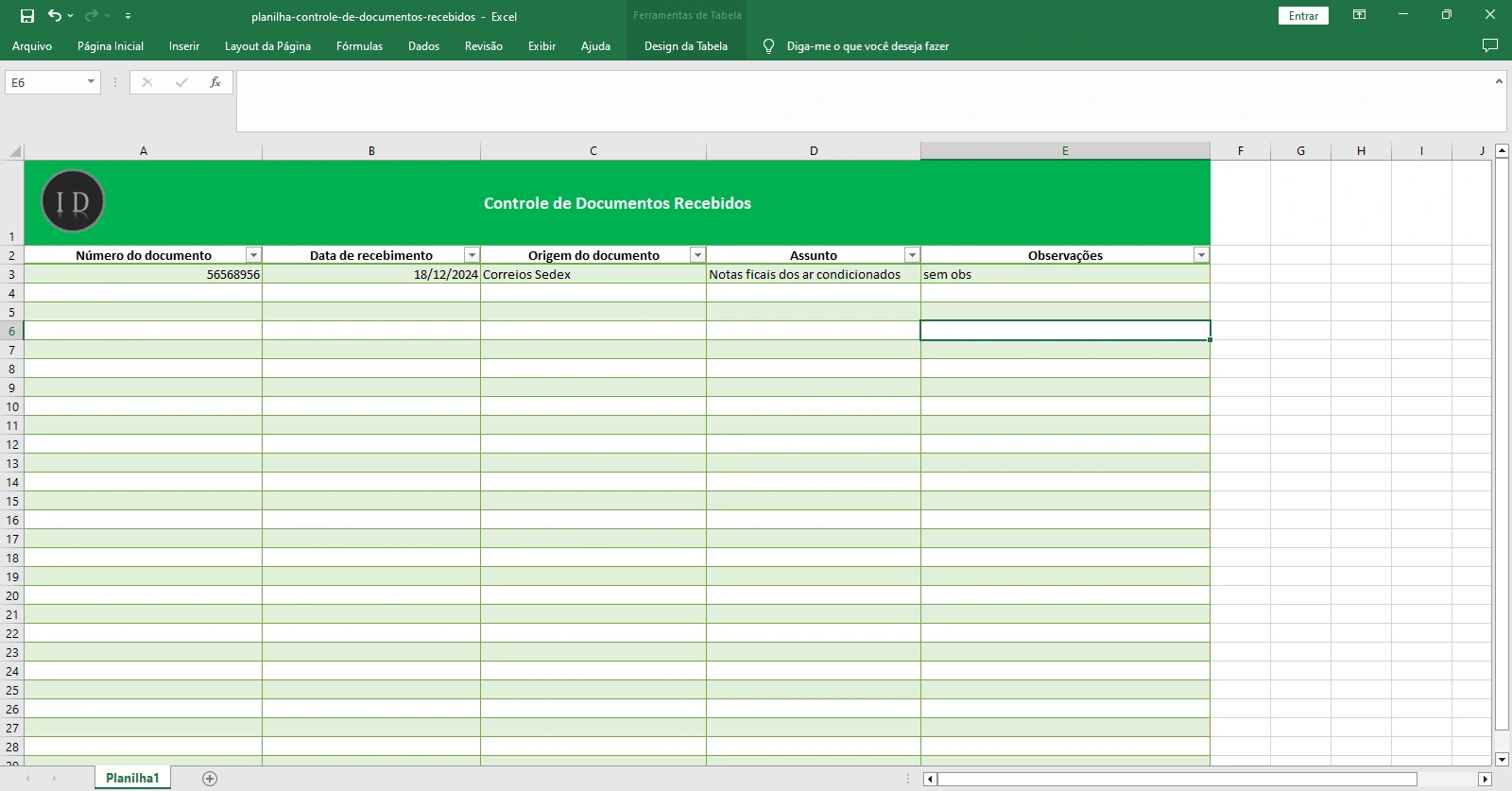Planilha Controle de Documentos Recebidos  Excel