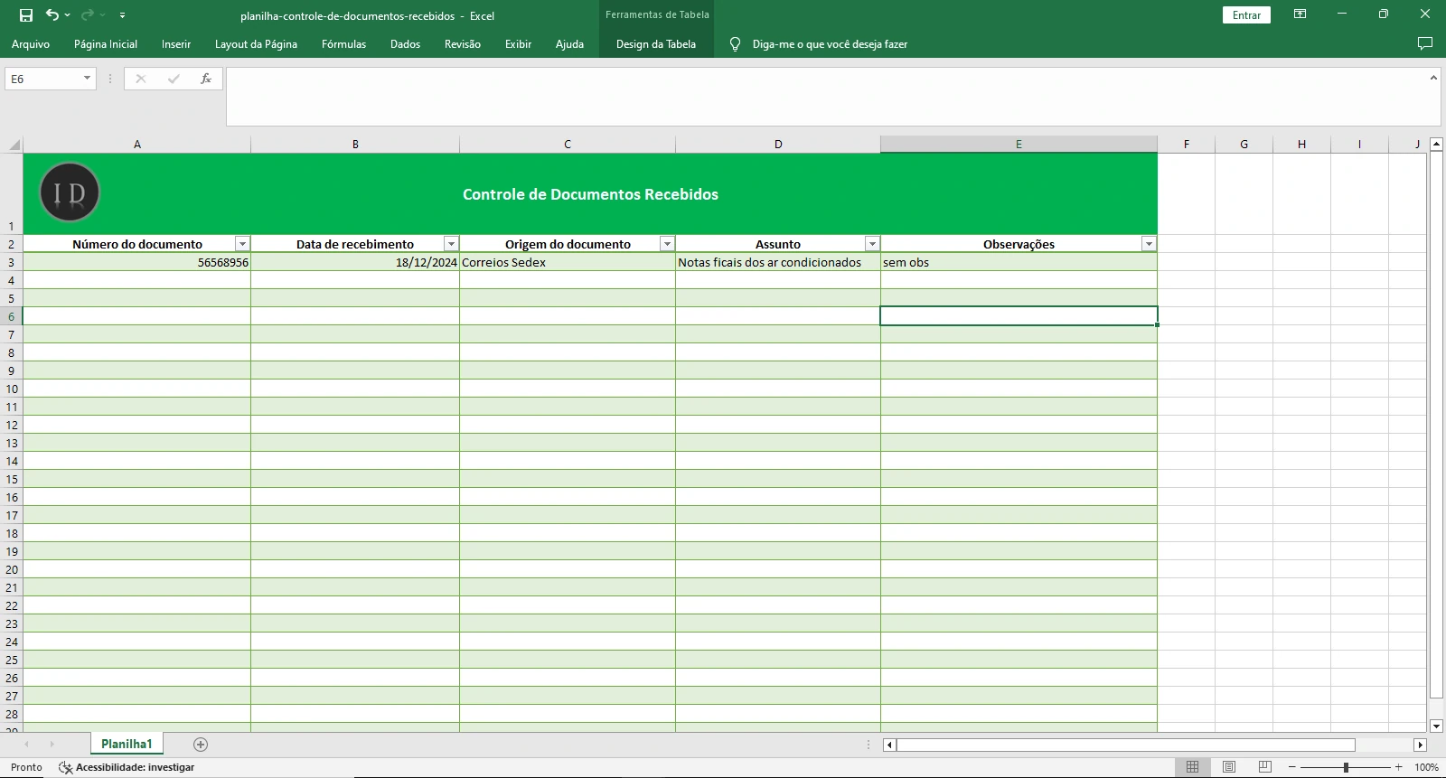 Planilha Controle de Documentos Recebidos  Excel
