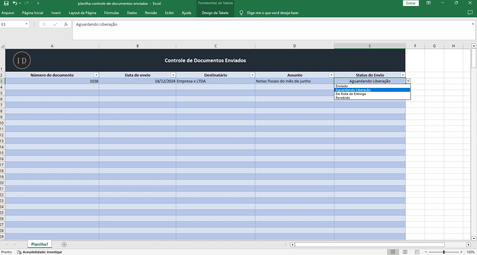 Planilha Controle de Documentos Enviados  Rastreio