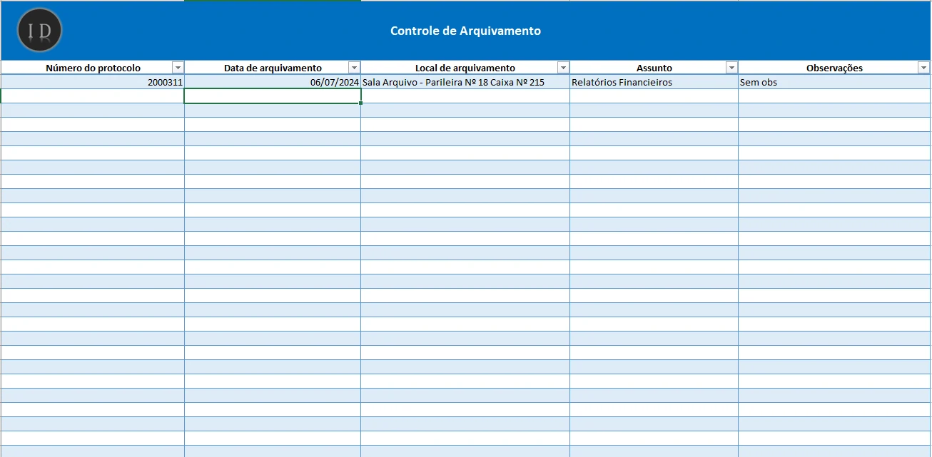 Planilha Controle de Arquivamento de Documentos