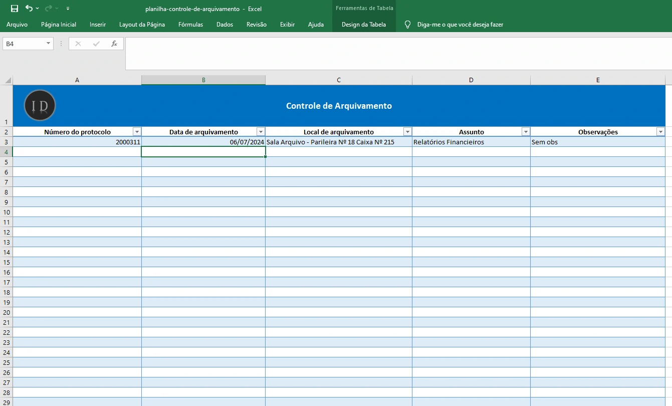 Planilha Controle de Arquivamento de Documentos
