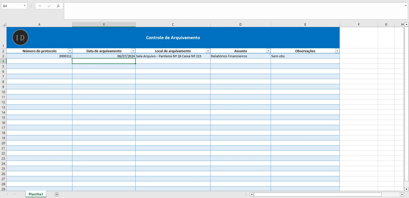 Planilha Controle de Arquivamento de Documentos