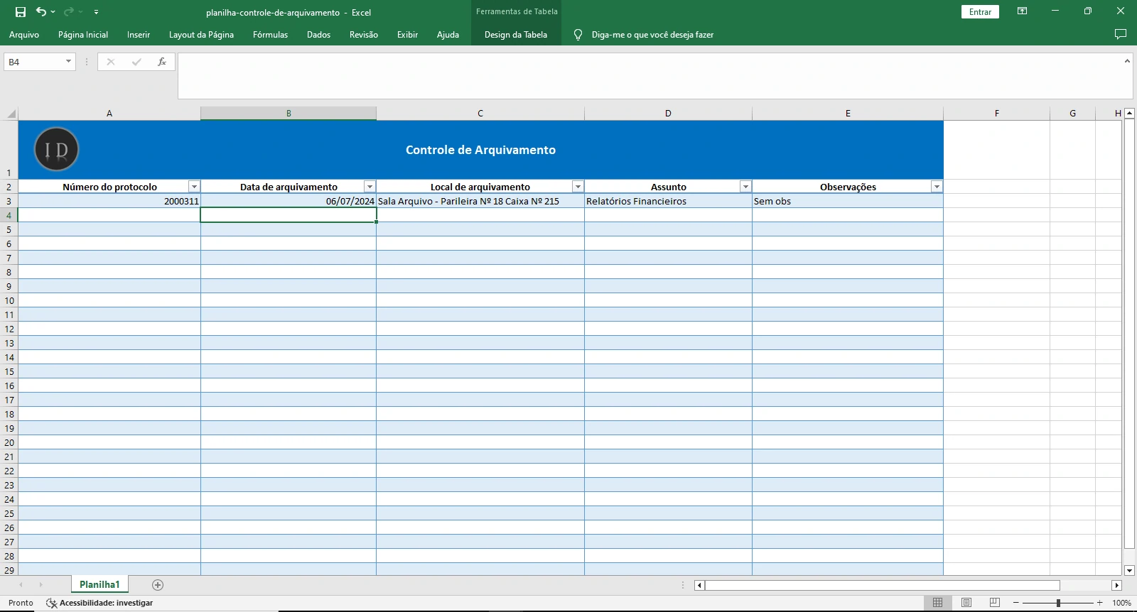 Planilha Controle de Arquivamento de Documentos