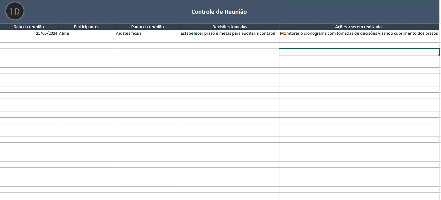 Planilha Controle de Reunião  Pauta e Acompanhamento