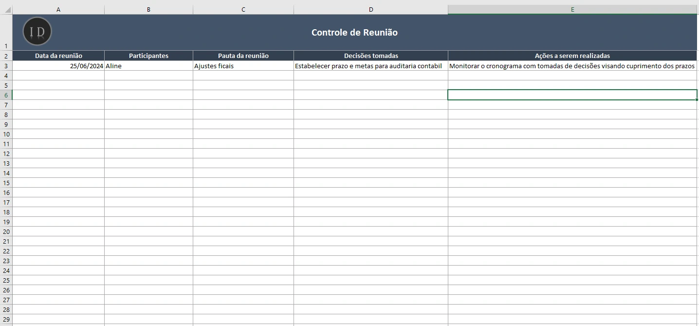 Planilha Controle de Reunião  Pauta e Acompanhamento