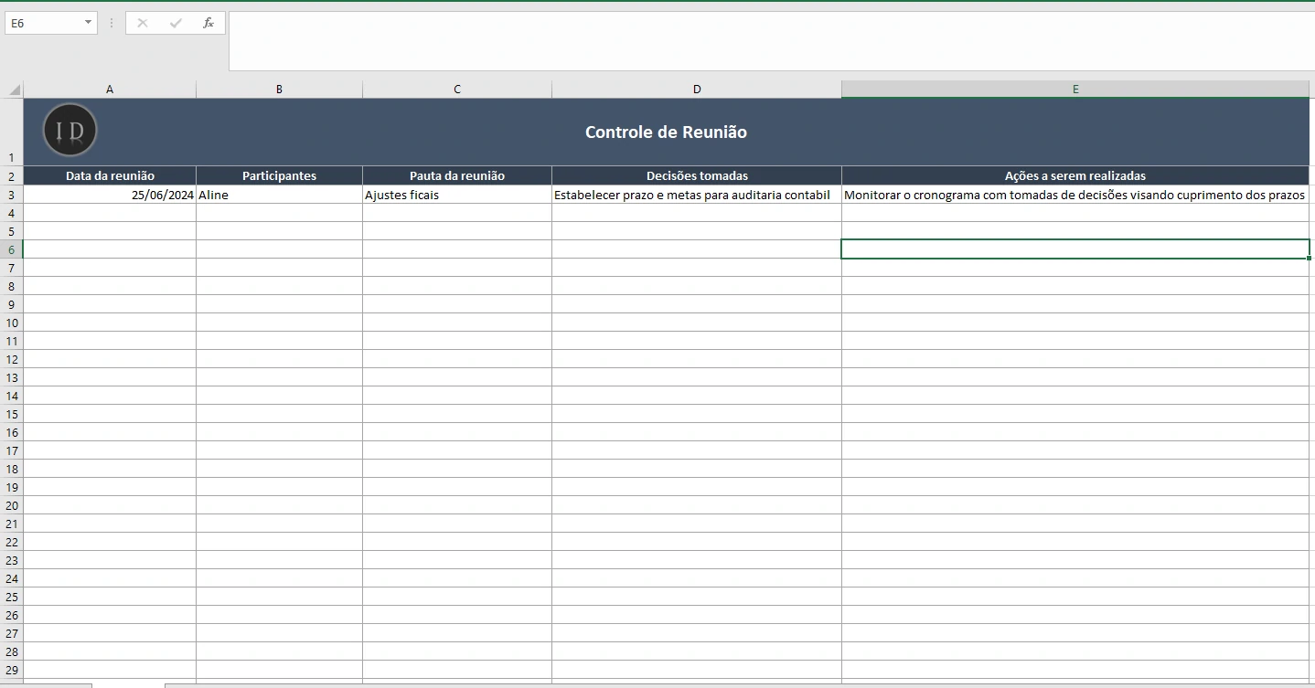 Planilha Controle de Reunião  Pauta e Acompanhamento