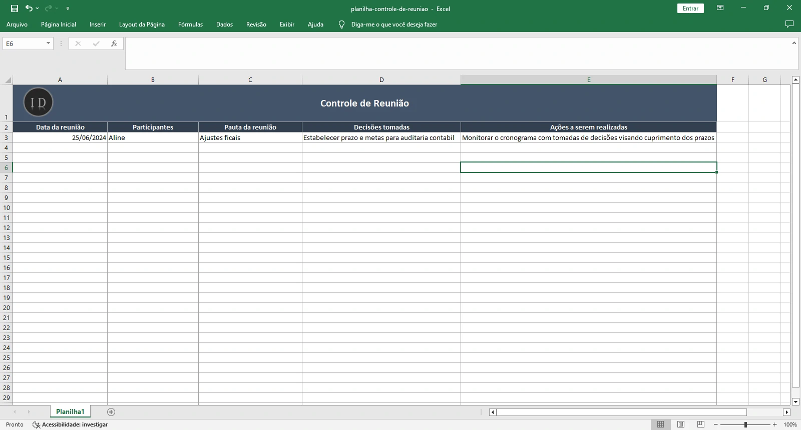 Planilha Controle de Reunião  Pauta e Acompanhamento