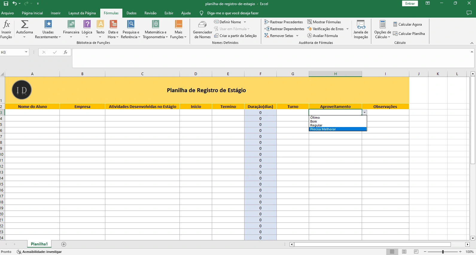 Planilha de Registro de Estágio  Controle de Tarefas