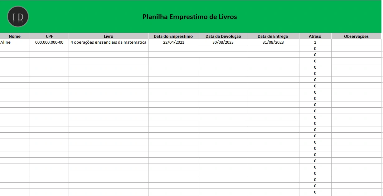 Planilha Empréstimo de Livros  Biblioteca e Acervo