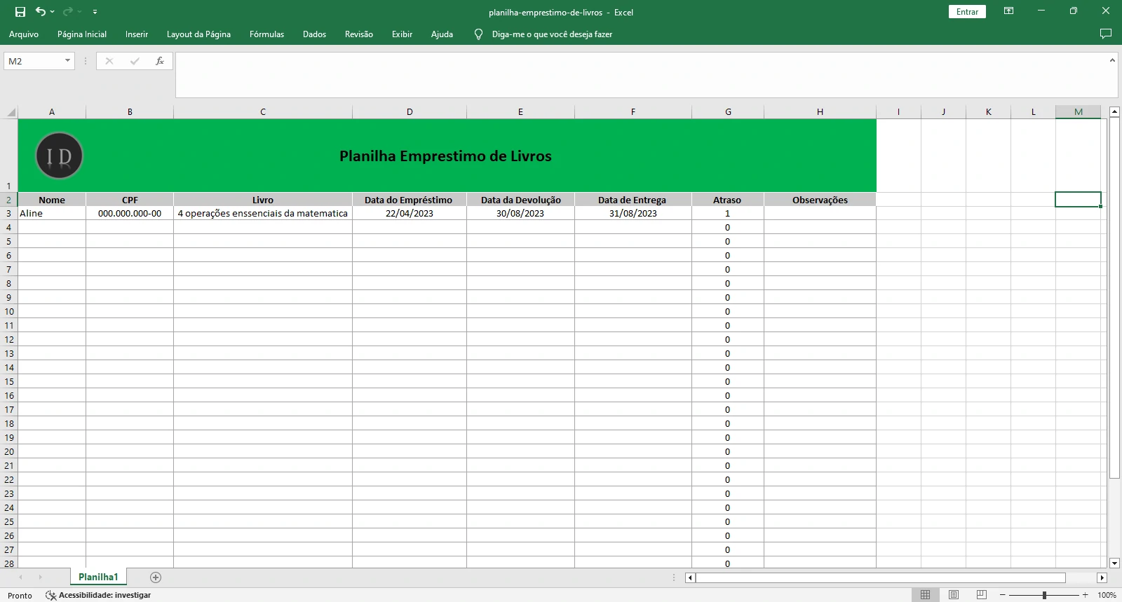 Planilha Empréstimo de Livros  Biblioteca e Acervo