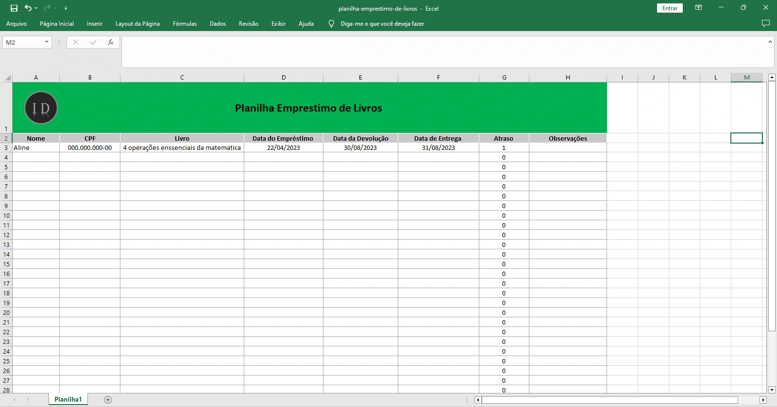 Planilha Empréstimo de Livros  Biblioteca e Acervo