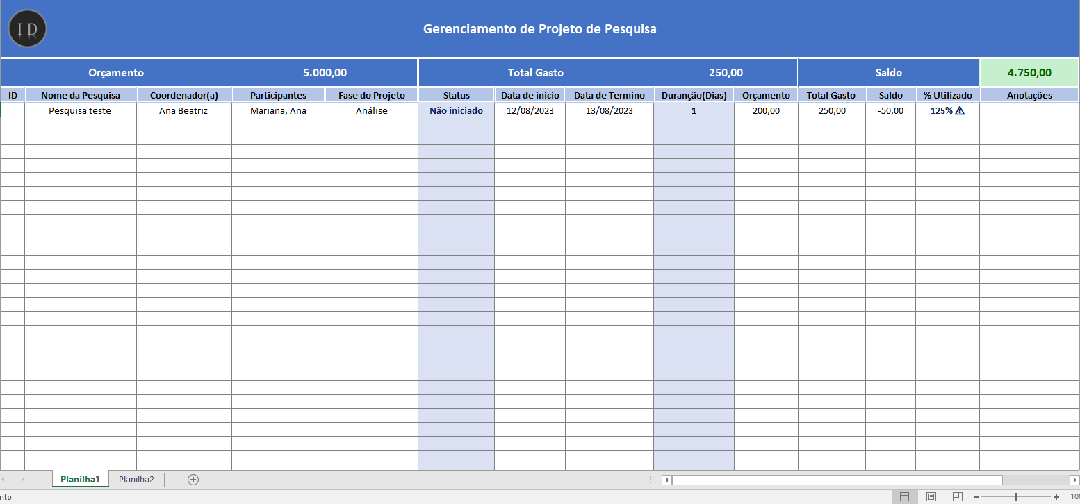 Planilha gerenciamento de projeto de pesquisa 1