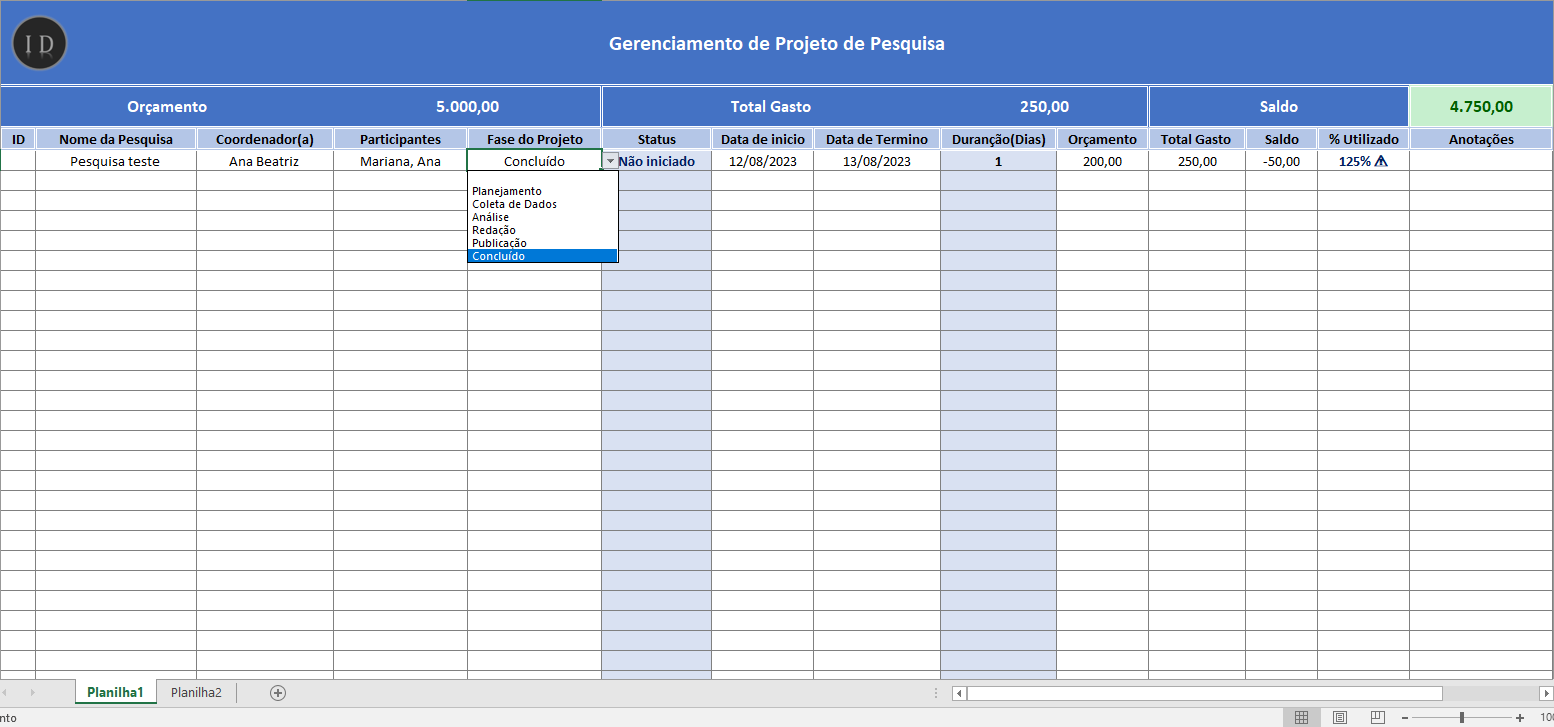 Planilha gerenciamento de projeto de pesquisa 2