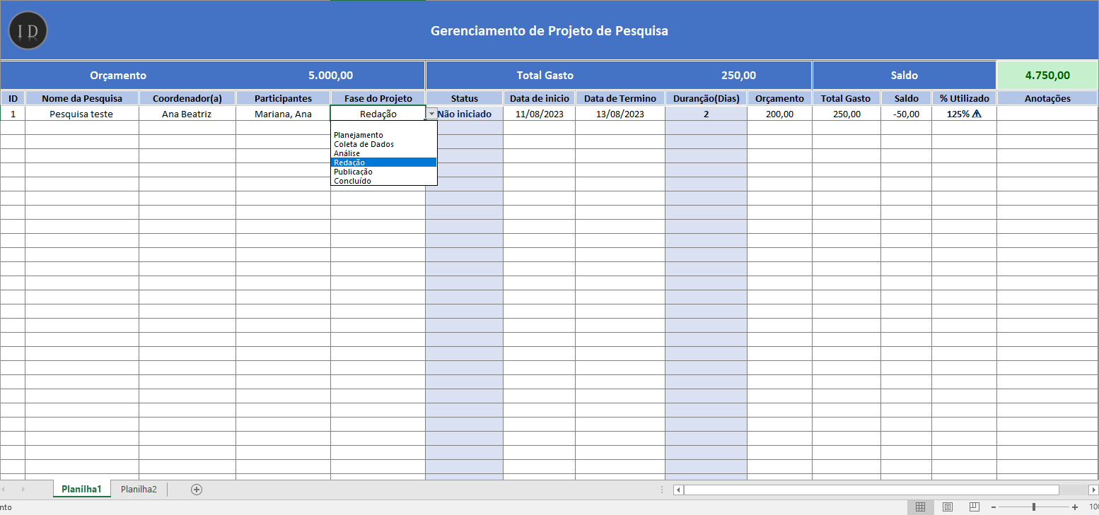 Planilha gerenciamento de projeto de pesquisa 3