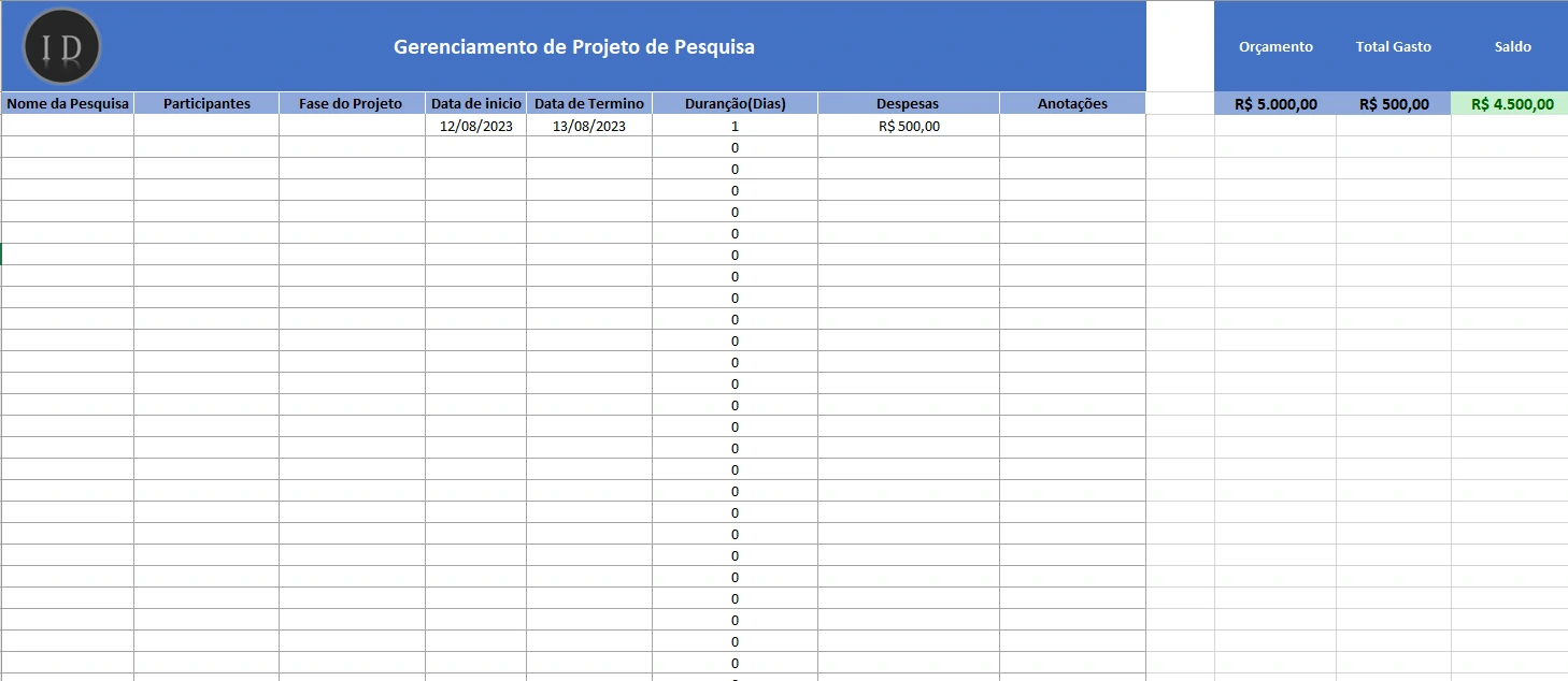 Planilha Gerenciamento de Projeto de Pesquisa
