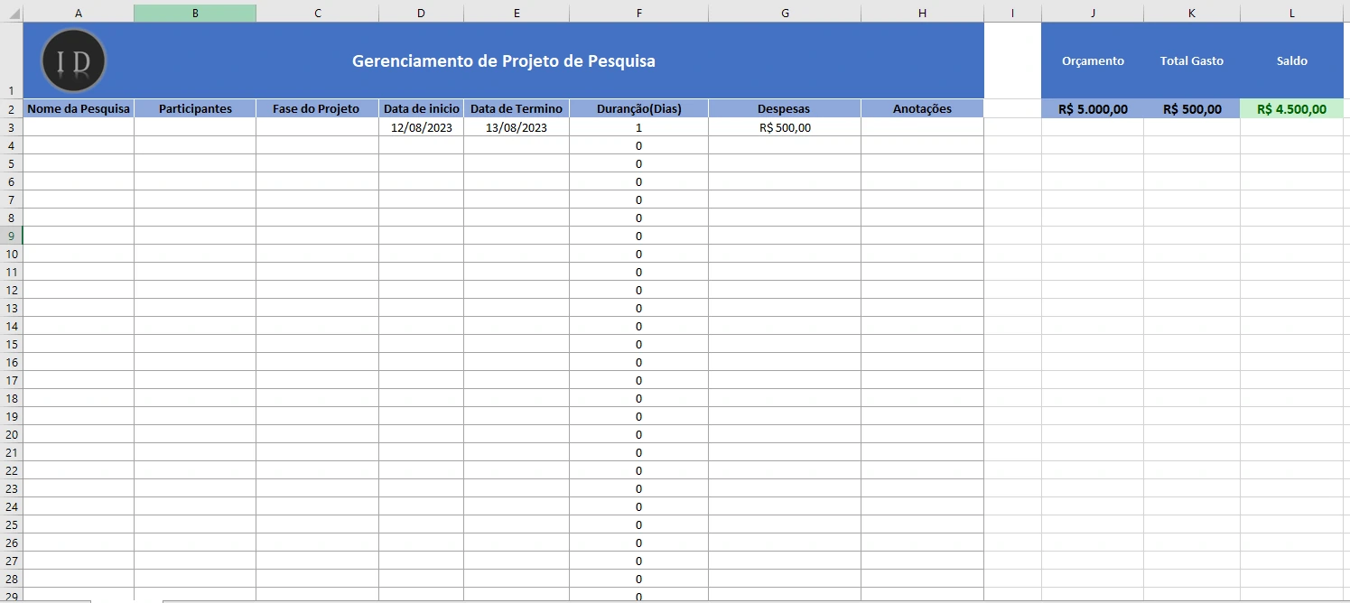 Planilha Gerenciamento de Projeto de Pesquisa