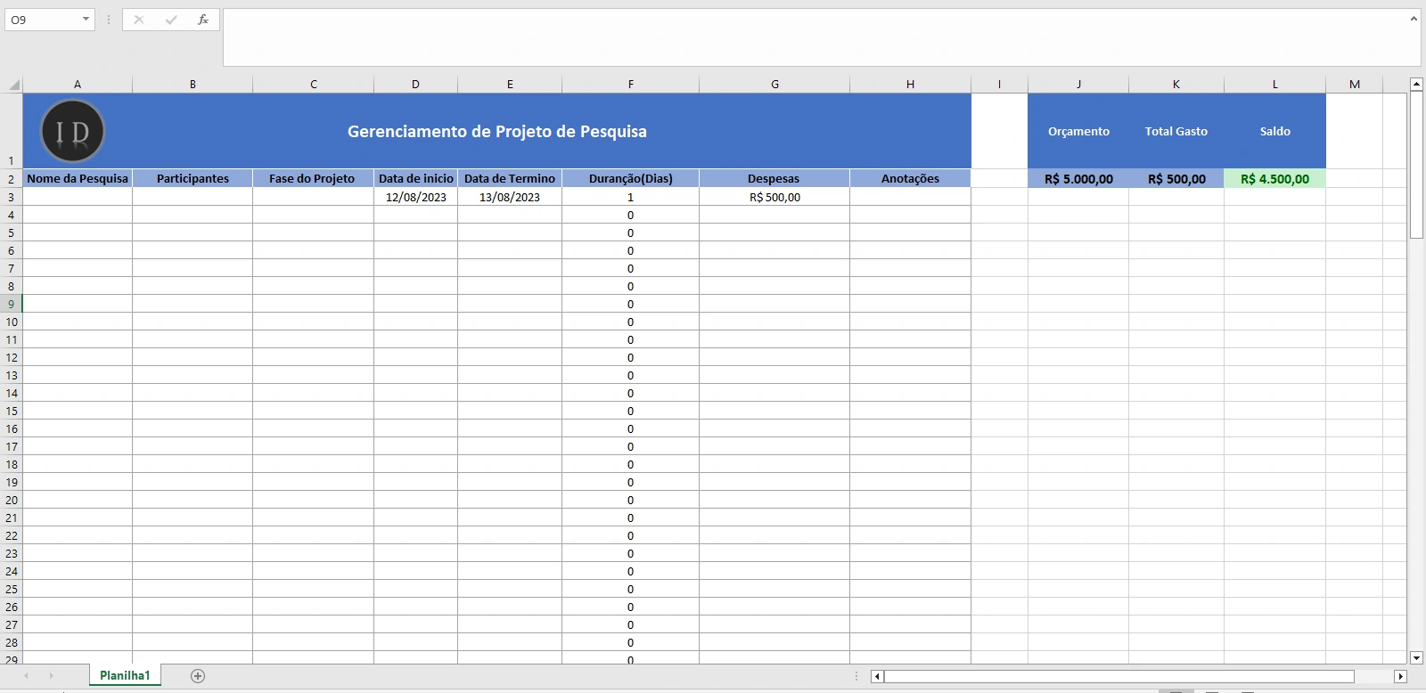 Planilha Gerenciamento de Projeto de Pesquisa
