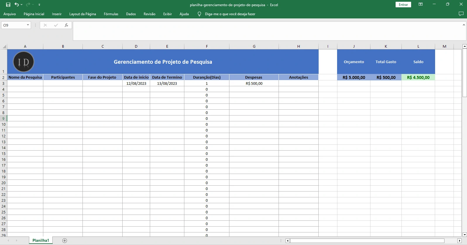 Planilha Gerenciamento de Projeto de Pesquisa