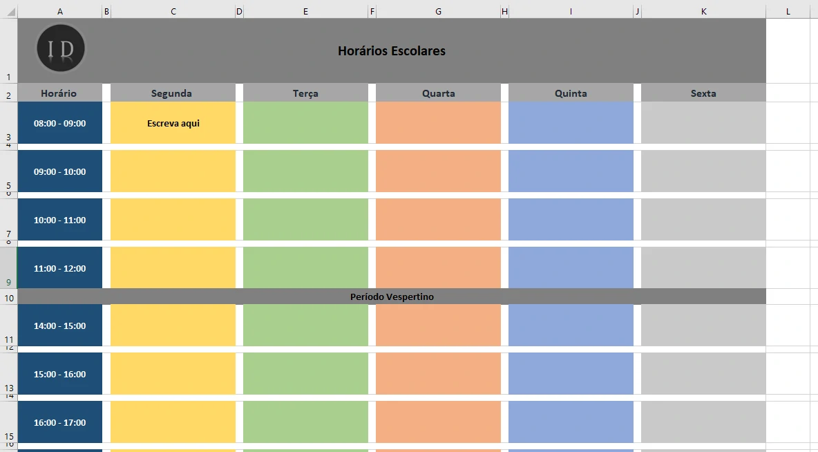 Planilha de Horários Escolares e Rotina de Estudos