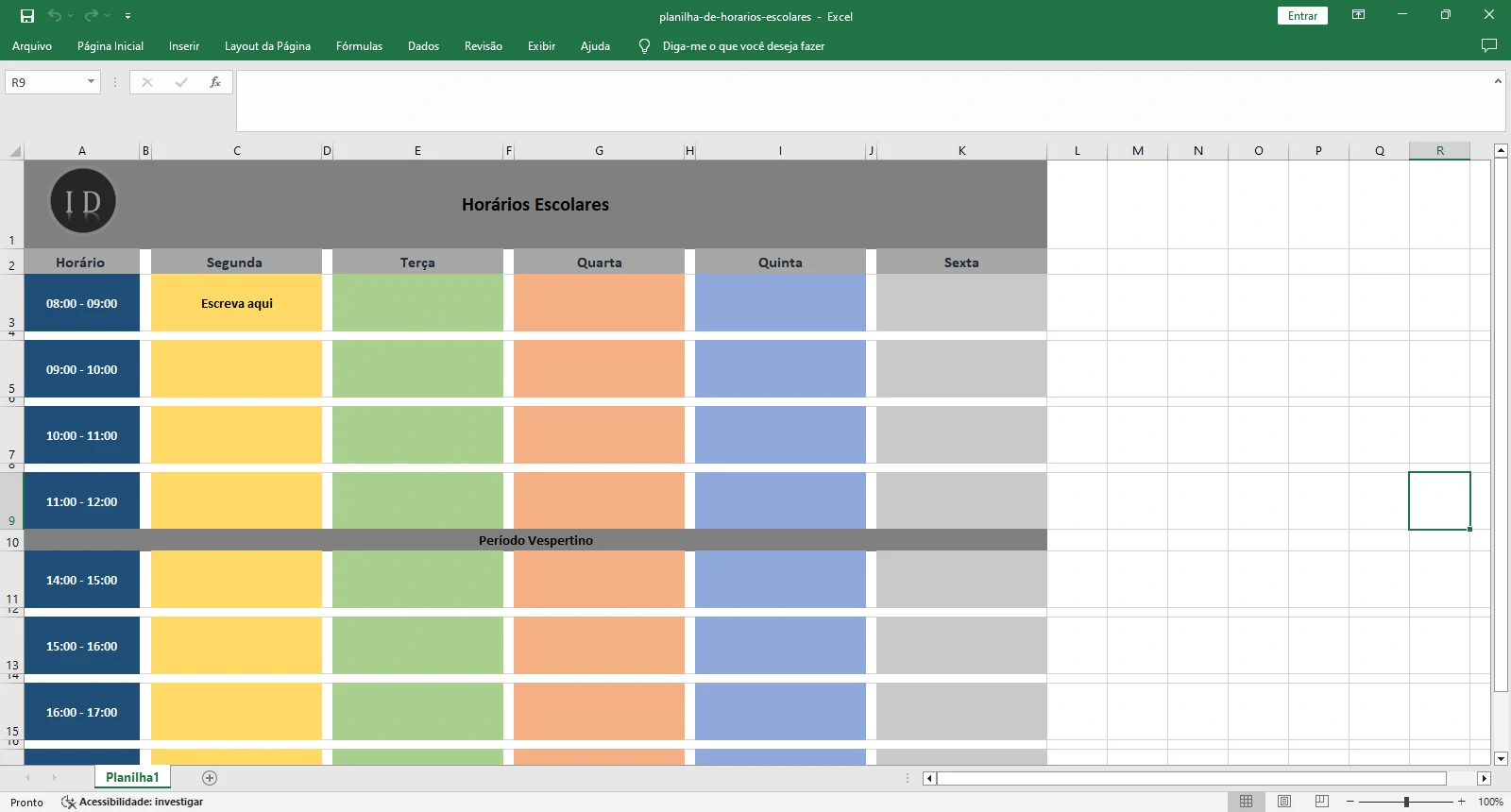 Planilha de Horários Escolares e Rotina de Estudos