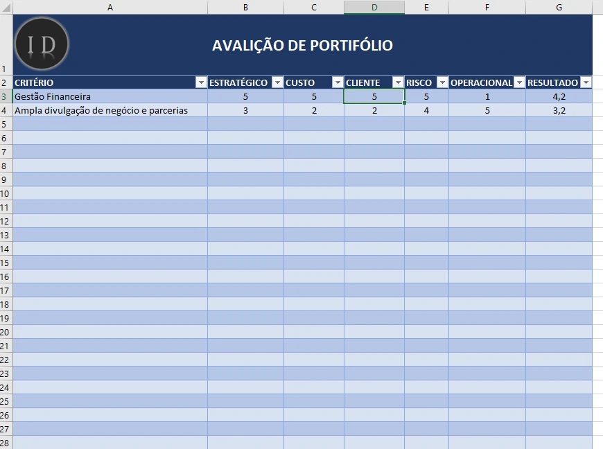 Planilha Avaliação de Portfólio de Projetos  Gestão