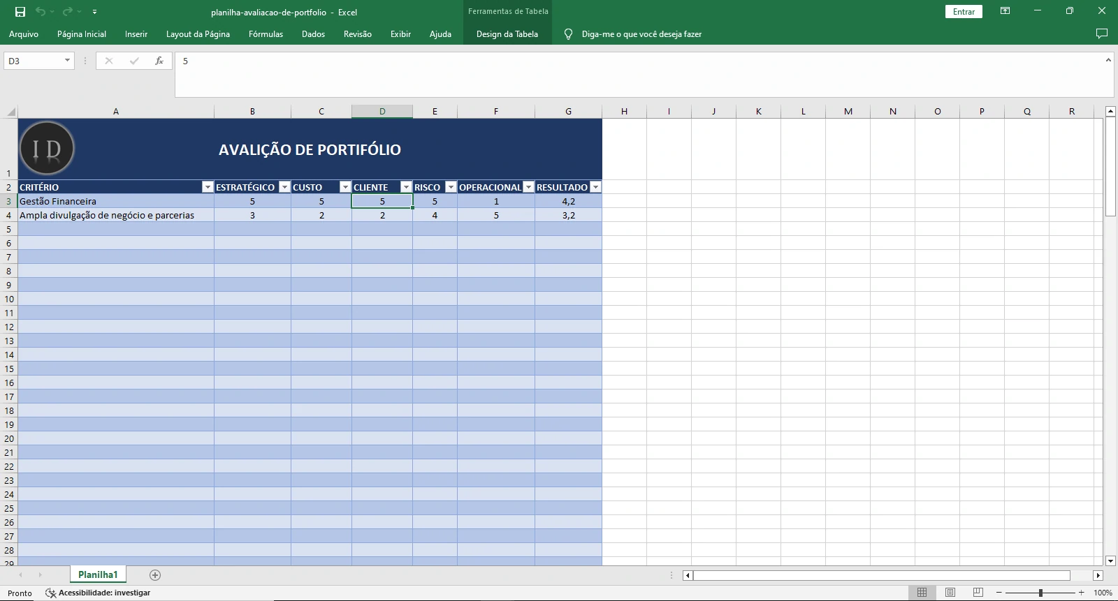 Planilha Avaliação de Portfólio de Projetos  Gestão